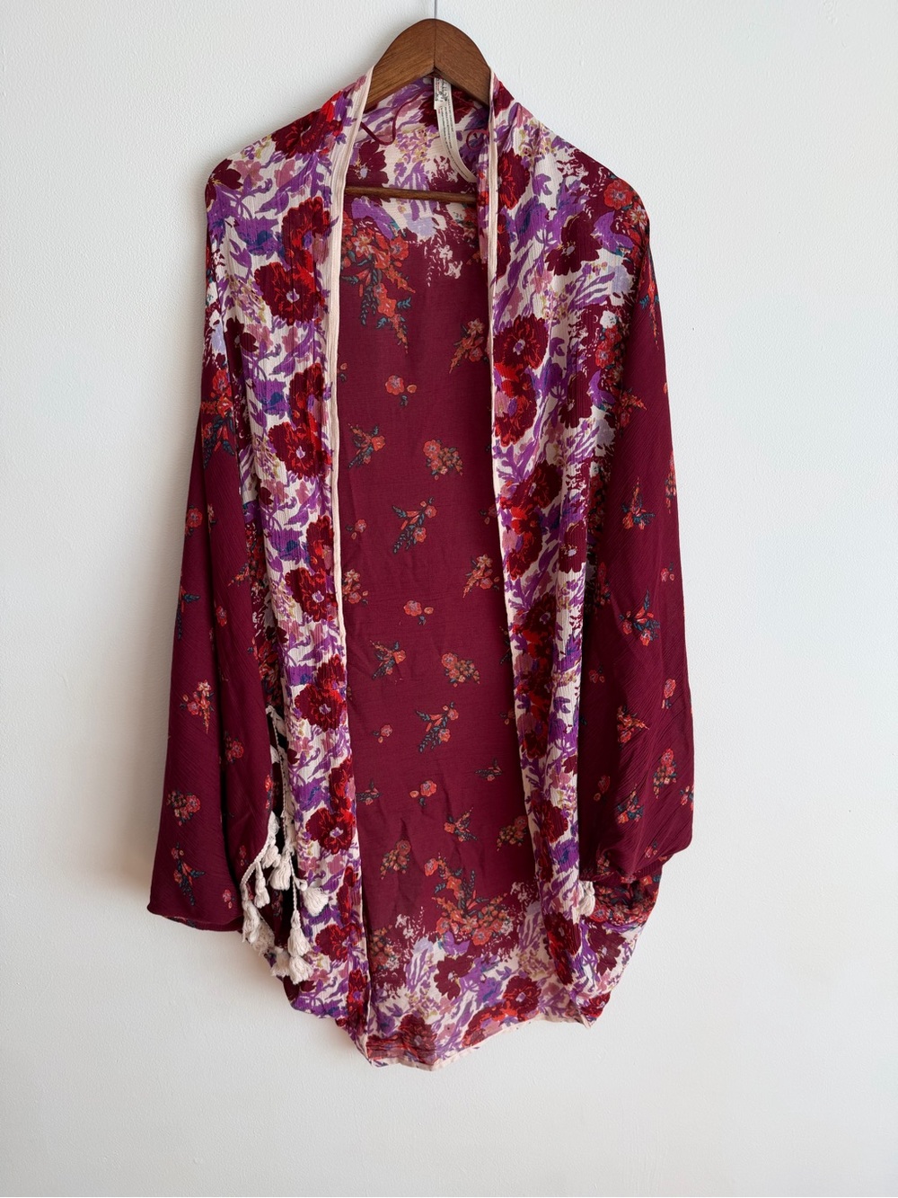 Intimately Free People Bali Wrapped in Blooms Shawl Kimono Burgundy Floral OS